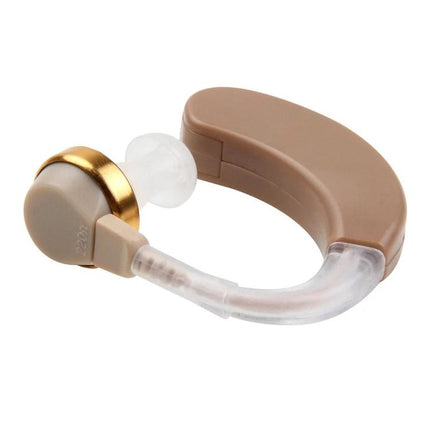 JECPP Behind-Ear Hearing Aid with Adjustable Tone for Daily Activities shown discreet beige unit with volume control knob