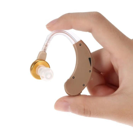 JECPP Behind-Ear Hearing Aid with Adjustable Tone for Daily Activities held between fingers, compact discreet beige design with volume knob