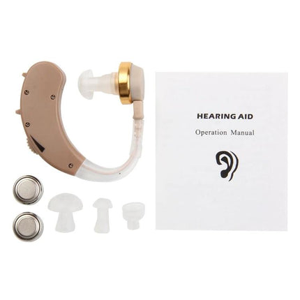 JECPP Behind-Ear Hearing Aid with Adjustable Tone for Daily Activities, compact beige aid with ear tips, batteries and manual