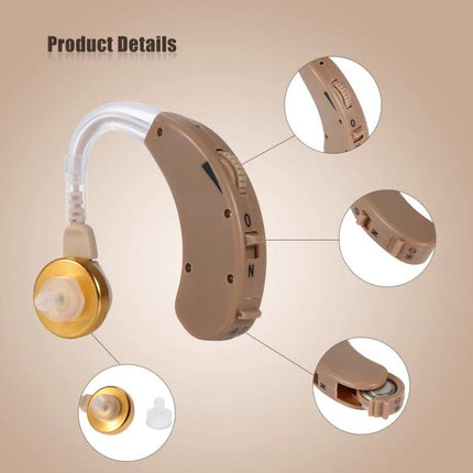 JECPP Behind-Ear Hearing Aid with Adjustable Tone for Daily Activities compact discreet brown unit with volume knob and ear dome