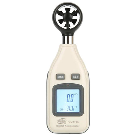 Alt Tag: Digital BENETECH Anemometer for Wind Speed and Temperature handheld device showing 0.0 m/s and 30.6°C on backlit display