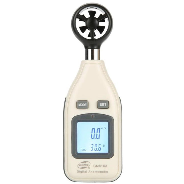 Alt Tag: Digital BENETECH Anemometer for Wind Speed and Temperature handheld device showing 0.0 m/s and 30.6°C on backlit display