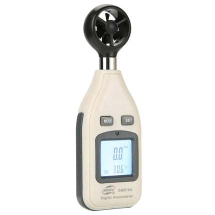 Digital BENETECH Anemometer for Wind Speed and Temperature handheld unit showing LCD wind speed 0.0 and temperature 30.6°C