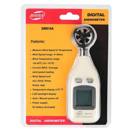 Digital BENETECH Anemometer for Wind Speed and Temperature in retail packaging showing device, LCD, and features list