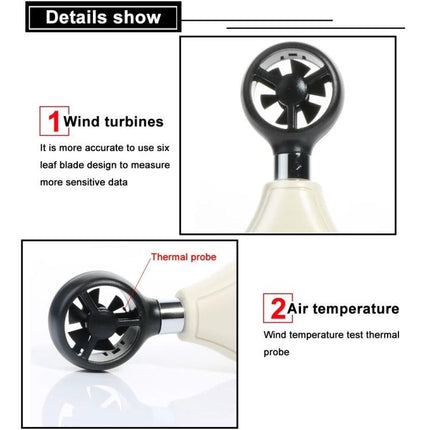 Digital BENETECH Anemometer for Wind Speed and Temperature showing six-blade wind turbine and thermal probe close-up