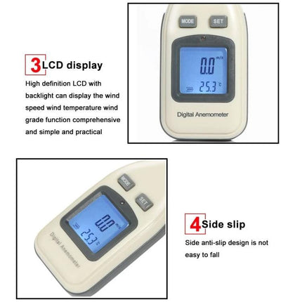 Digital BENETECH Anemometer for Wind Speed and Temperature showing LCD display with wind speed 0.0 and temperature 25.3°C
