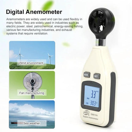 Digital BENETECH Anemometer for Wind Speed and Temperature handheld device showing propeller sensor and LCD reading for outdoor and marine use