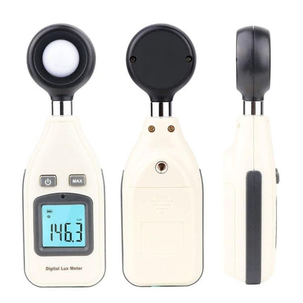 BENETECH Digital Lux Meter for Home, School, and Factory Lighting Checks handheld lux meter showing front back and side views