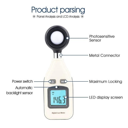 BENETECH Digital Lux Meter for Home, School, and Factory Lighting Checks with photosensitive sensor and LED display