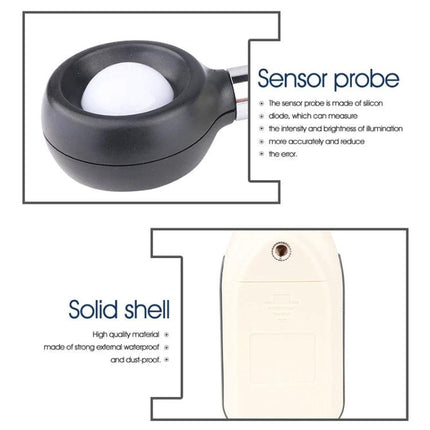BENETECH Digital Lux Meter for Home, School, and Factory Lighting Checks showing sensor probe and solid shell close-up