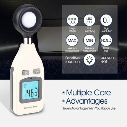 BENETECH Digital Lux Meter for Home, School, and Factory Lighting Checks handheld lux meter showing 146.3 reading and feature icons