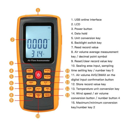 Benetech Digital Anemometer for Wind Speed and Air Measurement - GM8902 handheld ABS wind speed and air temperature meter with 2.6-inch LCD