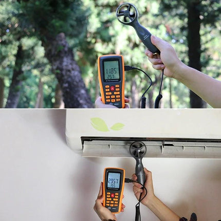Benetech Digital Anemometer for Wind Speed and Air Measurement measuring airflow and temperature in outdoor and HVAC tests