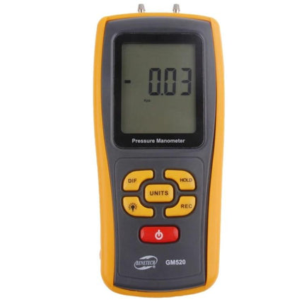 Benetech Digital Pressure Manometer for Gas and Liquid Measurement showing -0.03 reading and control buttons