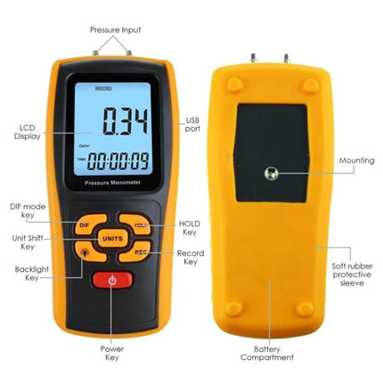 Benetech Digital Pressure Manometer for Gas and Liquid Measurement handheld yellow digital pressure manometer with LCD and labeled buttons