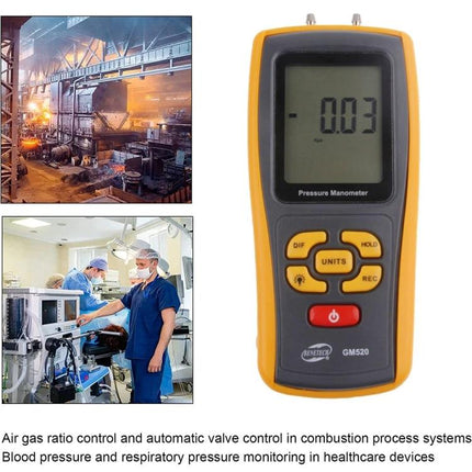Benetech Digital Pressure Manometer for Gas and Liquid Measurement handheld meter showing -0.03 reading for HVAC, industrial and medical applications