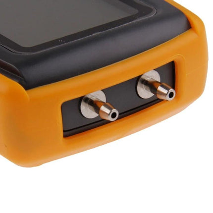 Benetech Digital Pressure Manometer for Gas and Liquid Measurement handheld device showing dual pressure ports and protective orange casing