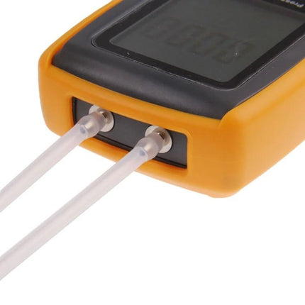 Benetech Digital Pressure Manometer for Gas and Liquid Measurement close-up showing dual hose ports and digital display