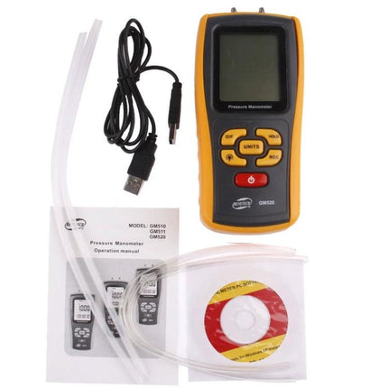 Benetech Digital Pressure Manometer for Gas and Liquid Measurement handheld unit with USB cable tubing manual and CD