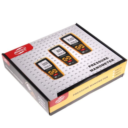 Benetech Digital Pressure Manometer for Gas and Liquid Measurement boxed product packaging showing three handheld digital manometers