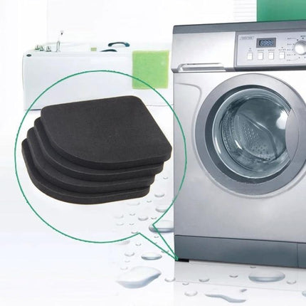 Pads for Quieter Home Laundry to Reduce Washing Machine Vibration - black anti-vibration pads shown under front-load washer to reduce noise and shaking