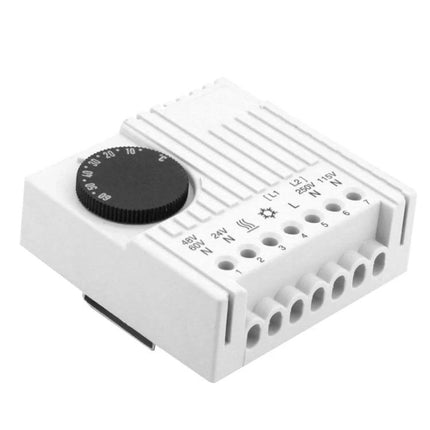 Electronic Thermostat for Cabinet Temperature Monitoring and Control - white DIN-rail thermostat with dial and multi-terminal connections for cabinet climate control