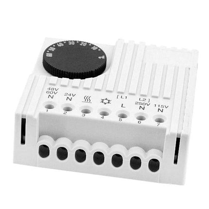 Electronic Thermostat for Cabinet Temperature Monitoring and Control - white DIN-rail thermostat with dial and terminal connections for cabinet climate control