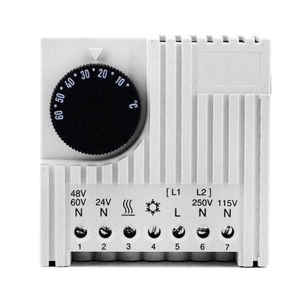 Electronic Thermostat for Cabinet Temperature Monitoring and Control - white DIN rail thermostat with temperature dial and wiring terminals