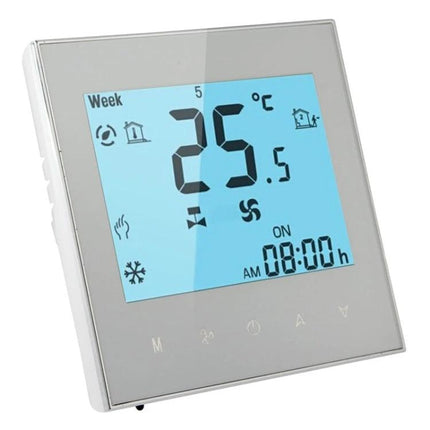 Programmable Thermostat for Room Temperature Control in Air Conditioning wall-mounted digital thermostat with acrylic lens and large blue LCD display showing 25.5°C and schedule