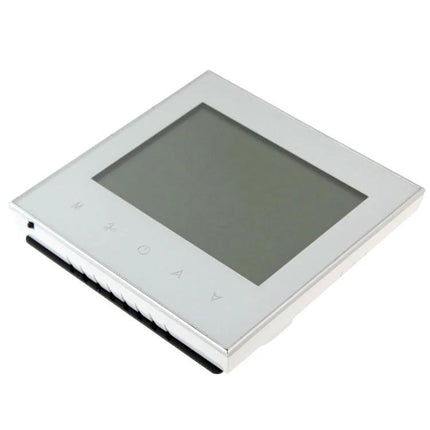 Programmable Thermostat for Room Temperature Control in Air Conditioning white touchscreen unit with acrylic lens and schedule buttons