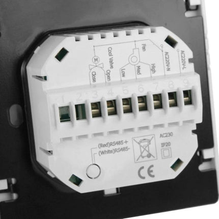 Programmable Thermostat for Room Temperature Control in Air Conditioning rear terminal view with acrylic lens and wiring ports