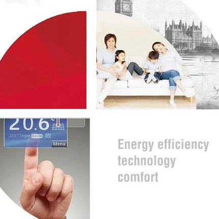 Programmable Thermostat for Room Temperature Control in Air Conditioning showing family at home, touchscreen set to 20.6°C and energy efficiency text