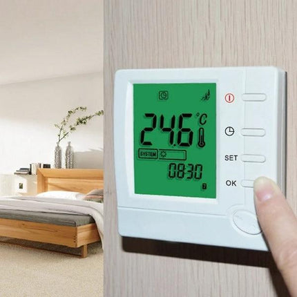 Programmable Thermostat for Room Temperature Control in Air Conditioning wall-mounted unit showing 24.6°C and schedule settings