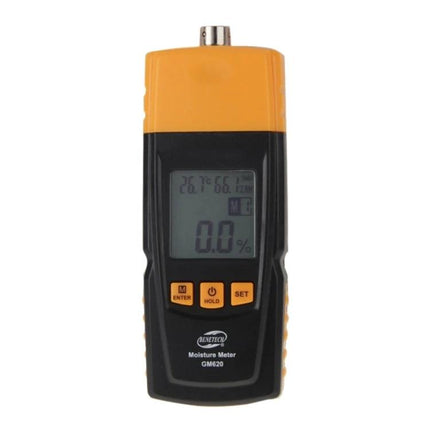 Benetech Digital Wood Moisture Meter for Everyday Measurements handheld moisture meter with LCD display and buttons, black and yellow