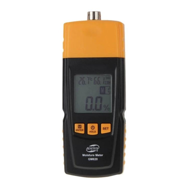 Benetech Digital Wood Moisture Meter for Everyday Measurements handheld moisture meter with LCD display and buttons, black and yellow