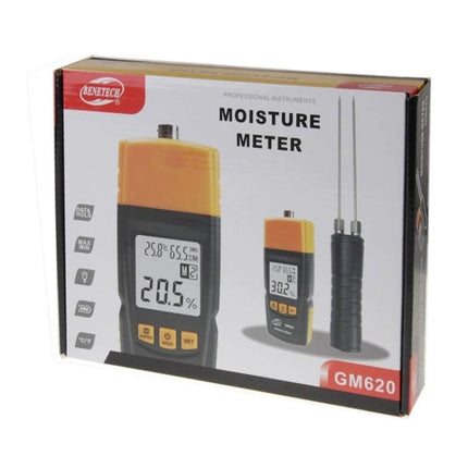 Benetech Digital Wood Moisture Meter for Everyday Measurements - GM620 boxed moisture meter with probe and LCD display