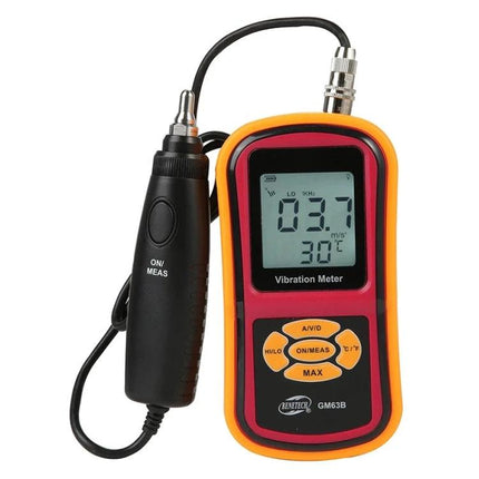 Benetech Digital Vibration Meter for Machinery Monitoring handheld piezoelectric meter with probe showing 03.7 reading and temperature display