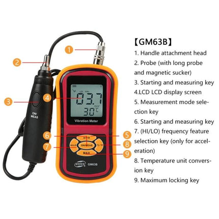Benetech Digital Vibration Meter for Machinery Monitoring handheld piezoelectric vibration meter with probe and LCD for industrial equipment