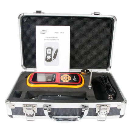 Benetech Digital Vibration Meter for Machinery Monitoring in protective case with probe, cable, and instruction manual