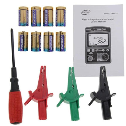 Benetech High Voltage Insulation Tester for Electrical Safety Checks showing tester manual, batteries, probes and crocodile clips