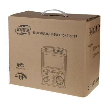 Benetech High Voltage Insulation Tester for Electrical Safety Checks in cardboard retail packaging showing device illustration