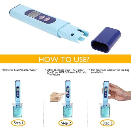Water Quality Conductivity Tester Pen for Home Use shown with titanium probe, display, cap and usage steps for aquarium hydroponics pool testing