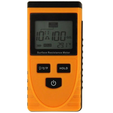 Benetech Surface Resistance Meter for Testing Materials on Objects handheld orange meter showing resistance reading and buttons