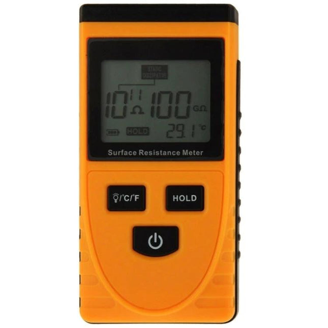 Benetech Surface Resistance Meter for Testing Materials on Objects handheld orange meter showing resistance reading and buttons