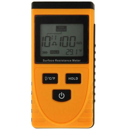 Benetech Surface Resistance Meter for Testing Materials on Objects handheld orange meter showing resistance and buttons
