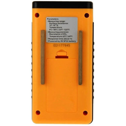 Benetech Surface Resistance Meter for Testing Materials on Objects - orange handheld meter back view for measuring surface conductivity