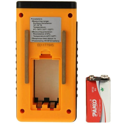 Benetech Surface Resistance Meter for Testing Materials on Objects - yellow handheld meter with 9V battery beside it