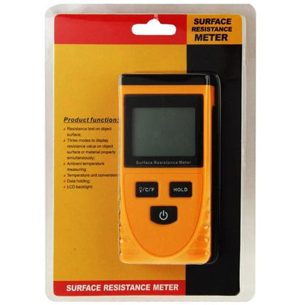 Benetech Surface Resistance Meter for Testing Materials on Objects - handheld orange meter in retail blister pack