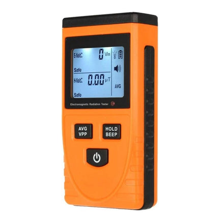 Benetech Electromagnetic Radiation Tester for Indoor and Outdoor Use handheld orange device showing LCD screen and control buttons