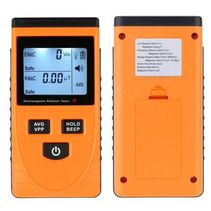 Benetech Electromagnetic Radiation Tester for Indoor and Outdoor Use - orange portable EMF meter front and back view